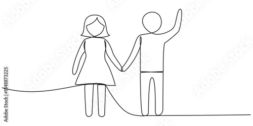 Happy couple man and woman holding hands in one line art style. Human figures drawing with editable black stroke. Vector illustration.