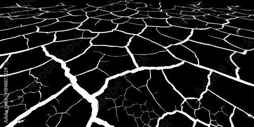 Abstract black and white cracked earth texture showing dry, fractured ground patterns. High-contrast natural surface background symbolizing drought, climate change, arid land, and environmental stress
