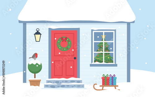 Snowy festive Christmas house front Exterior