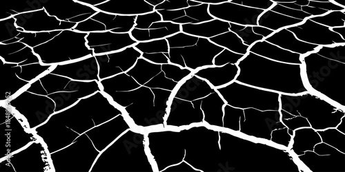Abstract black and white cracked earth texture showing dry, fractured ground patterns. High-contrast natural surface background symbolizing drought, climate change, arid land, and environmental stress