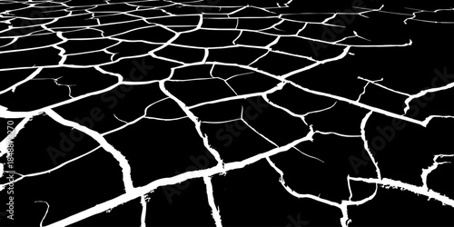 Abstract black and white cracked earth texture showing dry, fractured ground patterns. High-contrast natural surface background symbolizing drought, climate change, arid land, and environmental stress