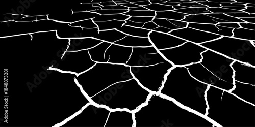 Abstract black and white cracked earth texture showing dry, fractured ground patterns. High-contrast natural surface background symbolizing drought, climate change, arid land, and environmental stress