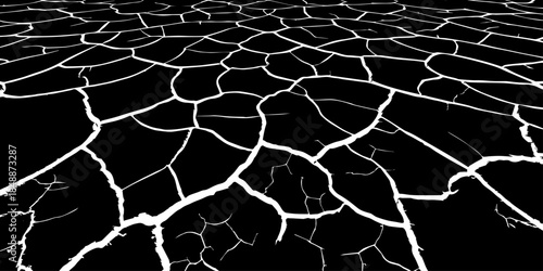 Abstract black and white cracked earth texture showing dry, fractured ground patterns. High-contrast natural surface background symbolizing drought, climate change, arid land, and environmental stress