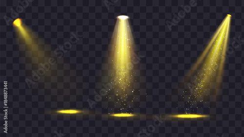 Three realistic yellow spotlights shining down with light beams and particles on a dark transparent background