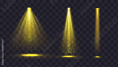 Set of three realistic yellow spotlight beams with light particles on dark transparent background