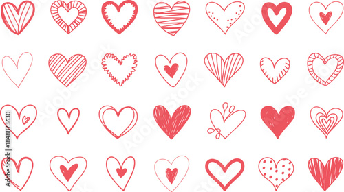 Red heart doodles with various patterns and textures