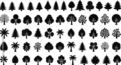 Tree silhouette icon mega collection isolated on white background, various forest, palm, deciduous shapes for nature design vector set