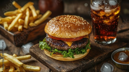 Delicious burger with fries and a drink. Focus on food photography showcasing a meal
