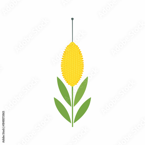 Decorative corn stalk hanging by a string, featuring green leaves and yellow kernel design, on white