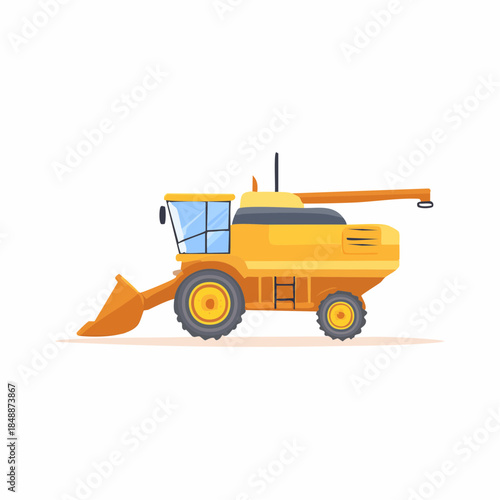 Yellow agricultural combine harvester illustration for farms and fields. Heavy machinery harvesting in seasonal agriculture. Modern farming vehicle.