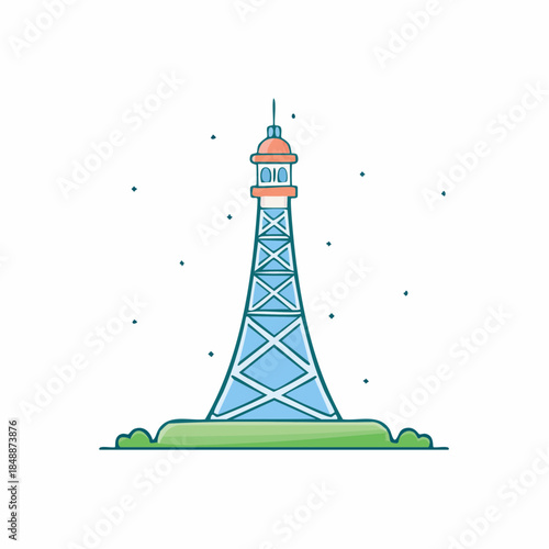 Illustration of a Tower Construction, Tall Antenna with a Dome and Lattice Framing Isolated on White, Concept of Telecommunications Engineering