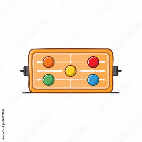 Air hockey table illustration with multicolored pucks in a flat vector design for kids. Childhood amusement game.