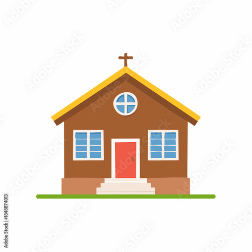 Illustration of a simple brown church building with red door and a cross on top, showcasing religious architecture and design.