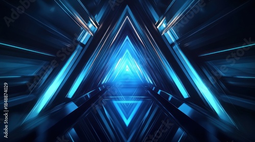 Futuristic tunnel with converging triangular lines, glowing blue light at its vanishing point