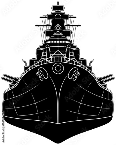 Black warship with guns and cannons on deck