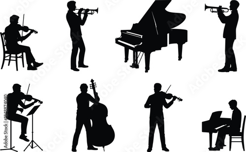 Silhouettes of Musicians Playing Various Instruments