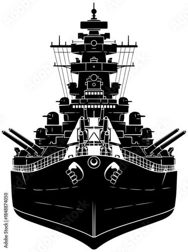 Majestic battleship with multiple gun turrets on high seas