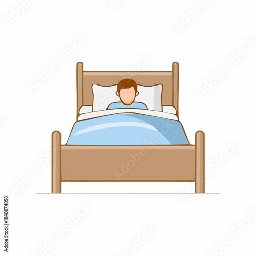 Isolated vector illustration of person sleeping in a bed under a blue blanket with white pillows in a minimalist style