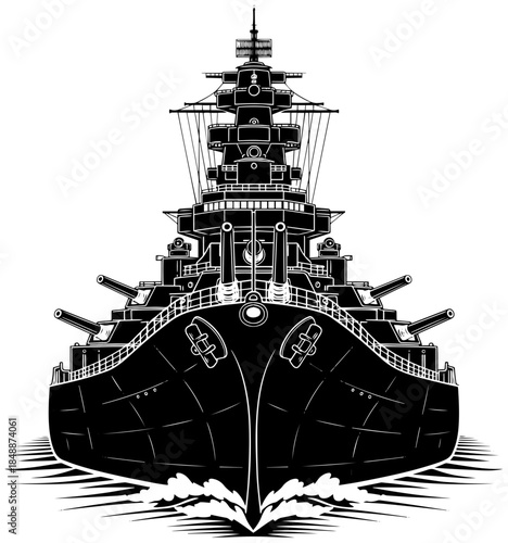 Historic battleship sailing through calm waters with gun turrets