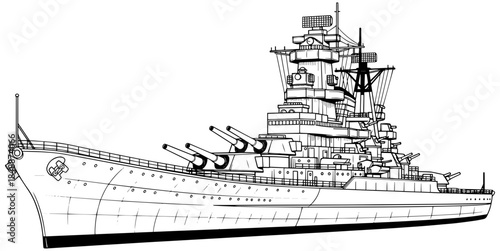 Battleship with multiple gun turrets on the ocean