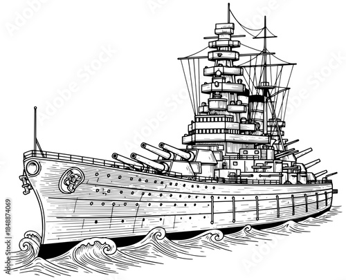 Historic battleship sailing through rough seas with prominent guns