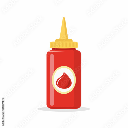 Squeeze bottle of red condiment with yellow nozzle and droplet logo