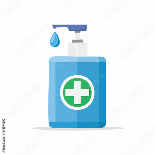 Hand sanitizer dispenser with green cross, a droplet of liquid ready to use, promotes healthcare and hygiene.