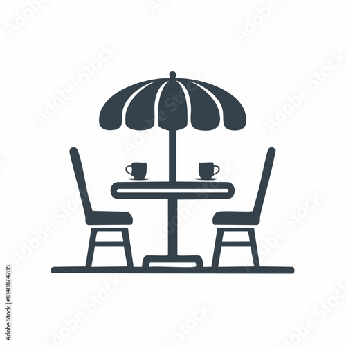 Outdoor Cafe Table with Umbrella and Chairs Relaxing Coffee Break Place