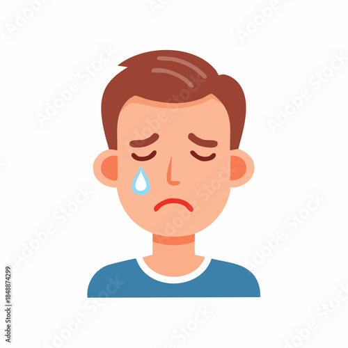 Cartoon man avatar displaying sadness with a tear running down his cheek in a vector illustration