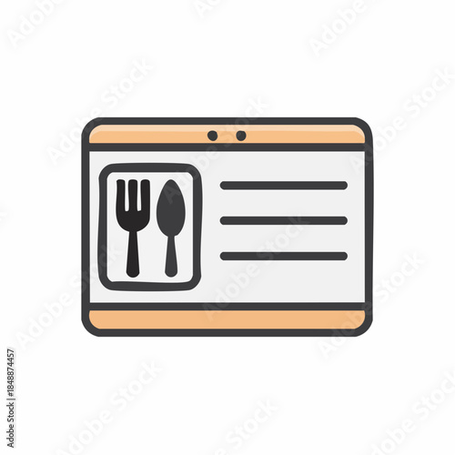 Online food ordering application on digital tablet with fork and spoon icon for restaurant menu choice and delivery