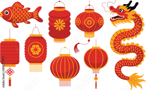 Red and gold Chinese lanterns and dragon fish decorations