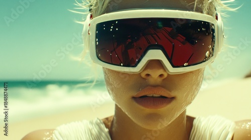A close-up of a person wearing futuristic white goggles reflecting red indoors, beach in background