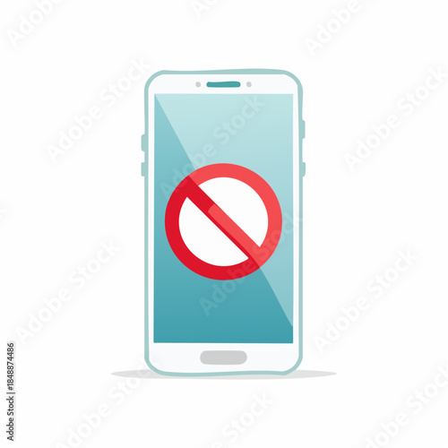 Smartphone screen displaying a red prohibition symbol for communication issues. No signal and network restriction vector illustration