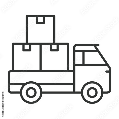 Heavy transport truck icon in line design. heavy transport, cargo truck, logistics, freight, moving, boxes, transportation on white background vector. heavy transport truck editable stroke icon