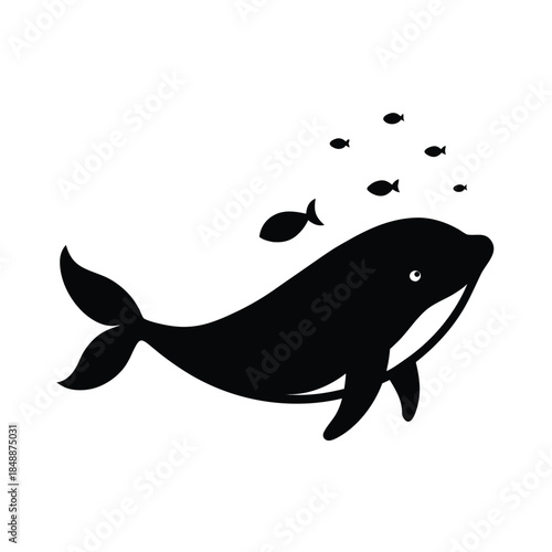 Gentle Whale Surrounded By Small Fish Showing Peaceful Marine Ecosystem Line Art Vector illustration