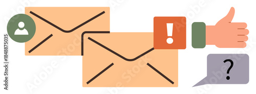 Two envelopes emphasize email communication, paired with icons thumbs up a user profile, exclamation alert, thumbs-up feedback, and question bubble. Ideal for messaging, notification, support