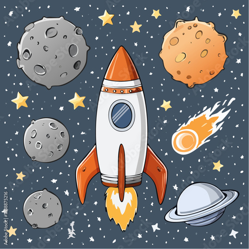 Illustration vectorielle de conquête spatiale avec fusée et éléments astronomiques
