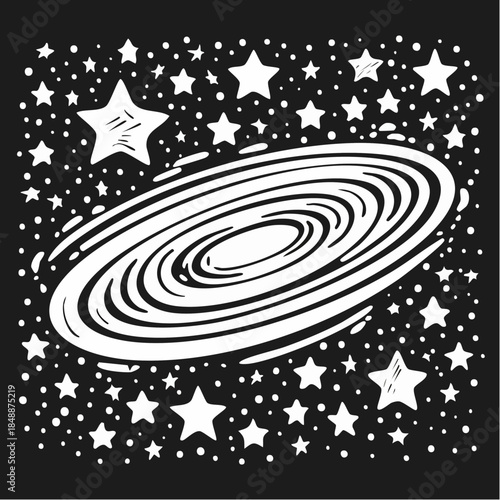 Illustration stylisée, ciel étoilé sur fond noir, galaxie en spirale, exploration spatiale, astronomie