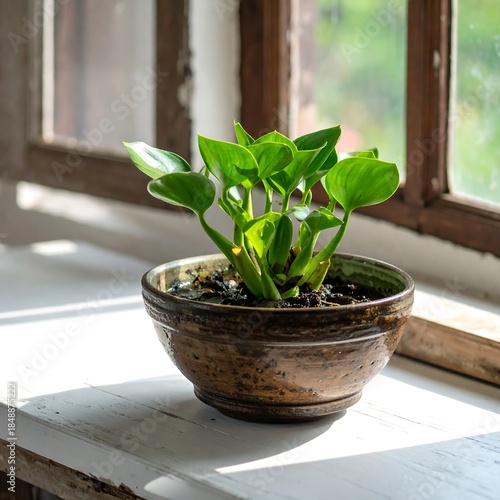 Potted plant with green leaves sits on a weathered windowsill in sunlight against blurry foliage backdrop