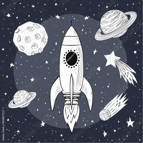Illustration vectorielle de conquête spatiale avec fusée et éléments astronomiques, noir et blanc