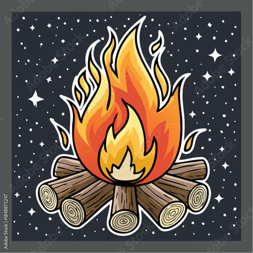 Petit feu de camp stylisé, ciel nocturne étoilé