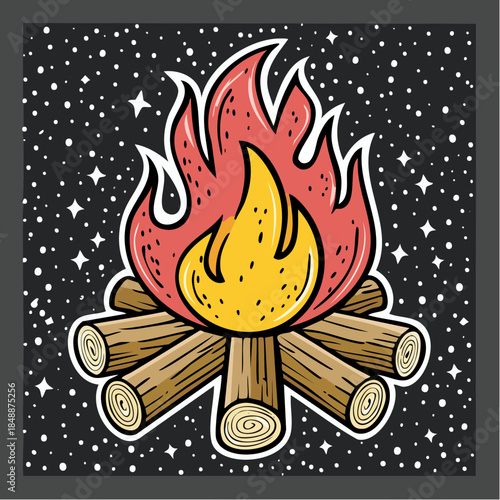 Petit feu de camp stylisé, ciel nocturne étoilé