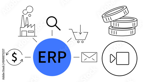 Business automation, resource planning, financial management, supply chain, e-commerce, operational solutions. ERP system highlighted with icons of factory, money, shopping cart and envelope