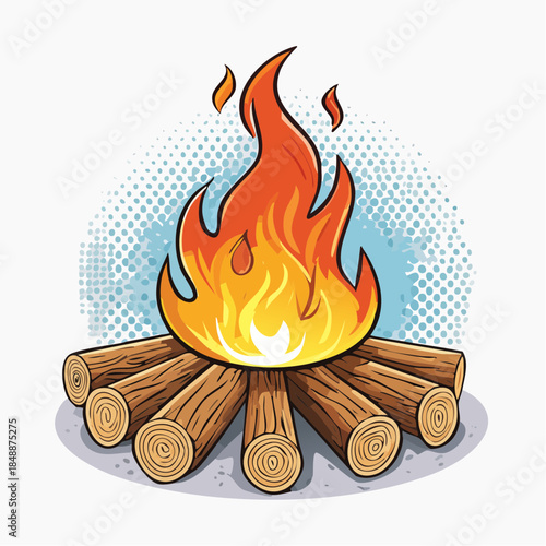 Joli feu de camp, bûches de bois, flammes, arrière plan clair