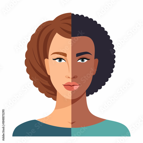 Portrait mixte symbolisant l’unité entre cultures Africaine et Occidentale, femme, une moitié de visage type Caucasien et l'autre type Africain, isolée sur fond blanc