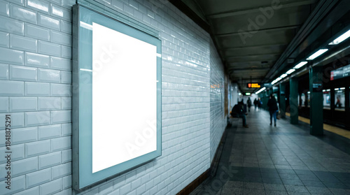 Blank illuminated billboard mockup in a bustling subway station with copy space for advertising or urban information display.