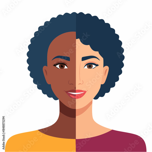 Portrait mixte symbolisant l’unité entre cultures Africaine et Occidentale, femme, une moitié de visage type Caucasien et l'autre type Africain, isolée sur fond blanc