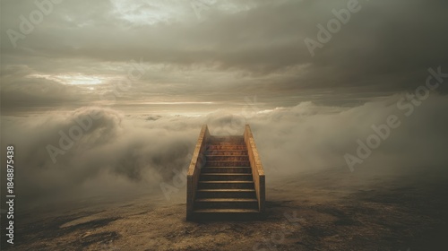 Wooden stairway ascends into a thick blanket of dense atmospheric mist above the ground.
