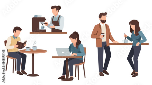 People enjoying coffee and working in a cafe environment