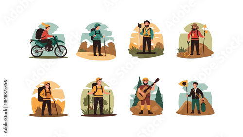 Collection of Travelers and Hikers in Natural Outdoor Settings, Featuring Activities like Motorcycling, Trekking, and Playing Music